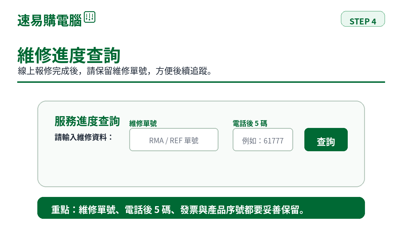 維修進度查詢需要維修單號與電話後5碼