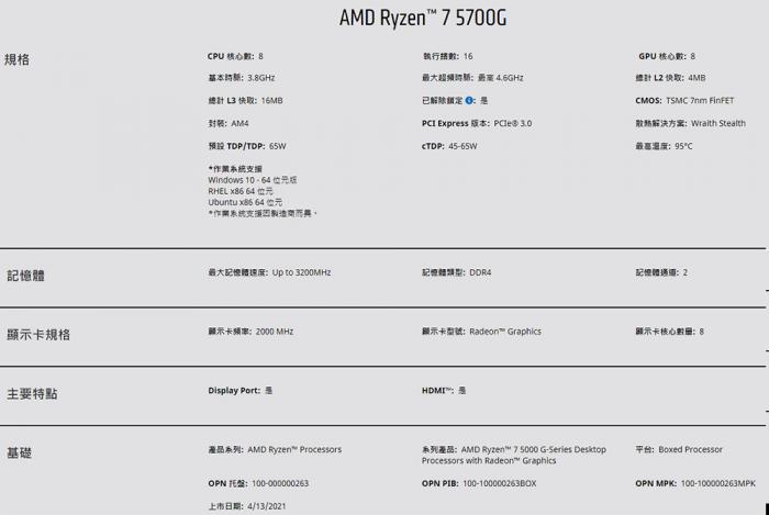 AMD R7 5700G 8核/16緒 盒裝
