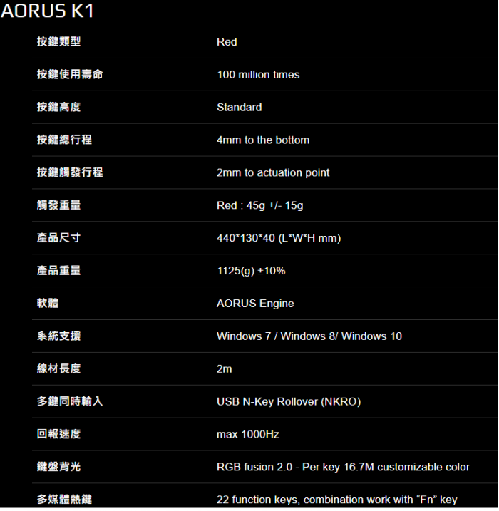 技嘉 Aorus K1 機械式鍵盤 紅軸 促銷至11/30