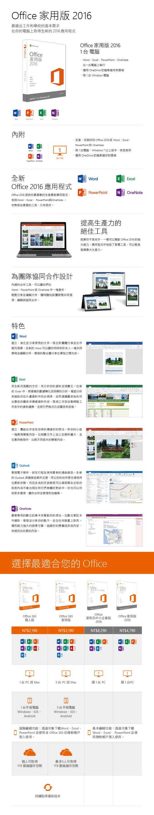 Office 2016 中文家用版 盒裝 無光碟 PKC
