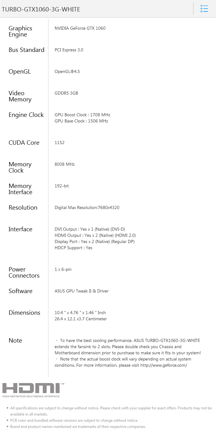 華碩 TURBO-GTX1060-3G-WHITE
