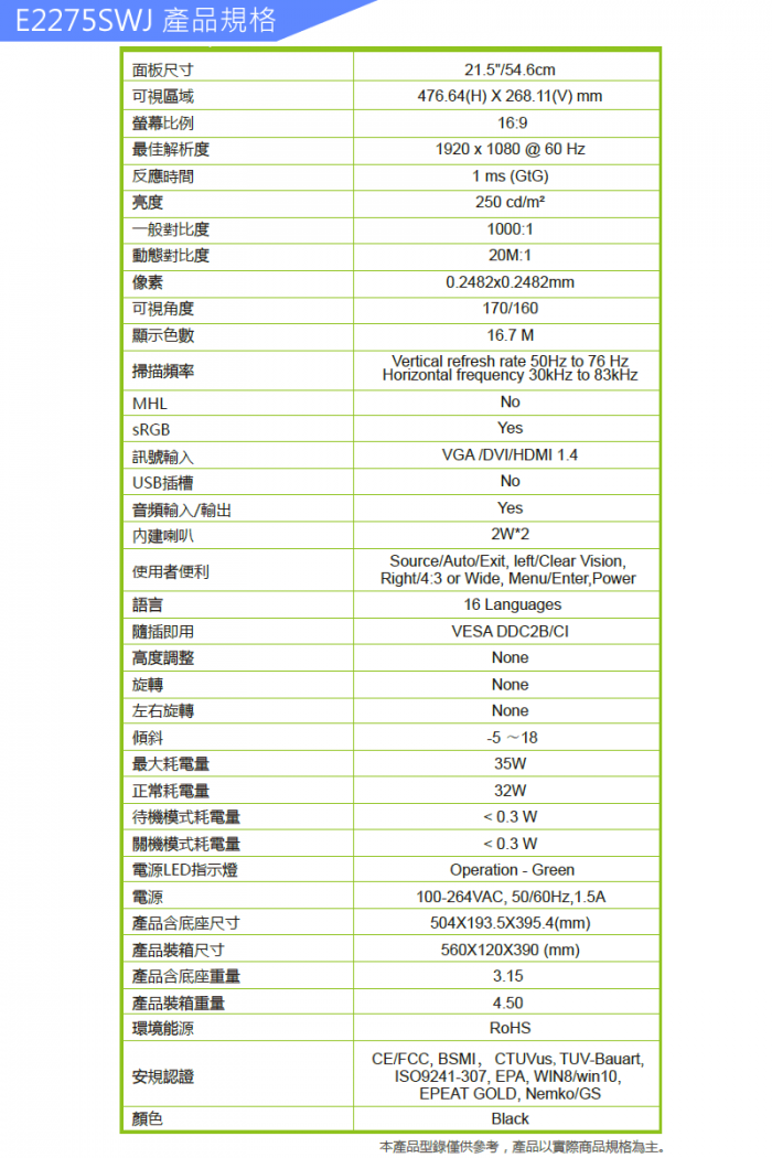 AOC E2275SWJ 22型 福利品