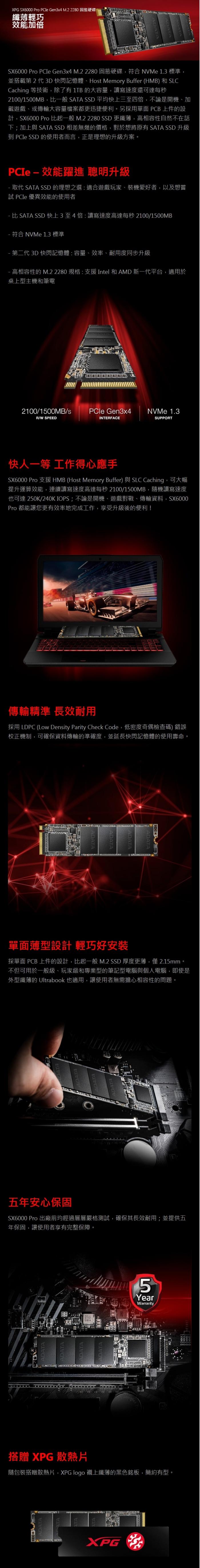 威剛 SX6000 PRO 256G PCIe M.2 附散XPG熱片
