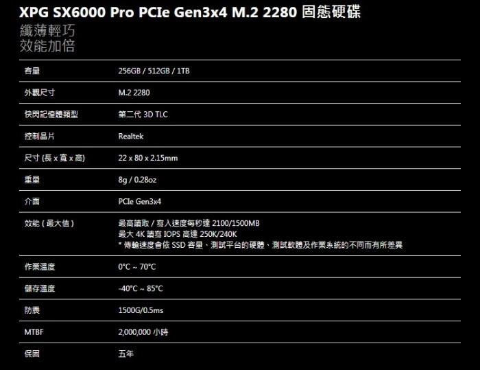 威剛 SX6000 PRO 256G PCIe M.2 附散XPG熱片