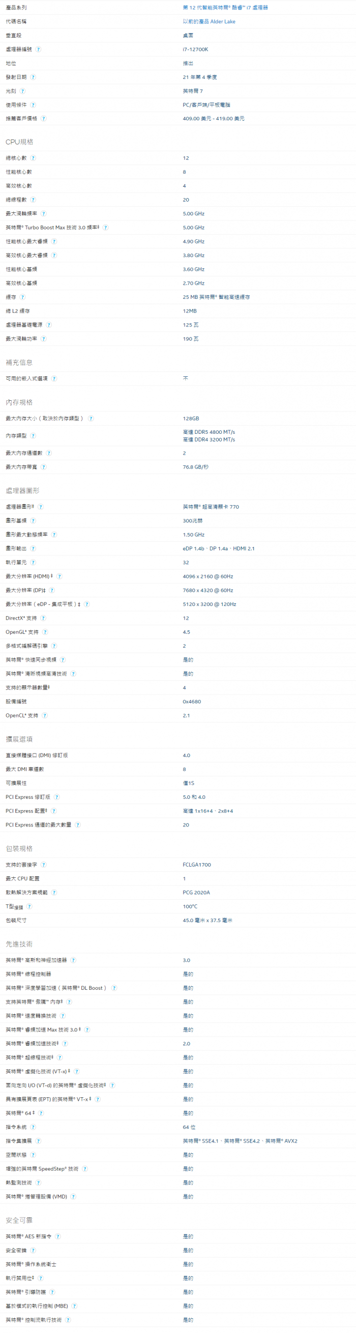 Intel i7-12700K (不含風扇) 代理 12核/20緒 限搭相容性主機板