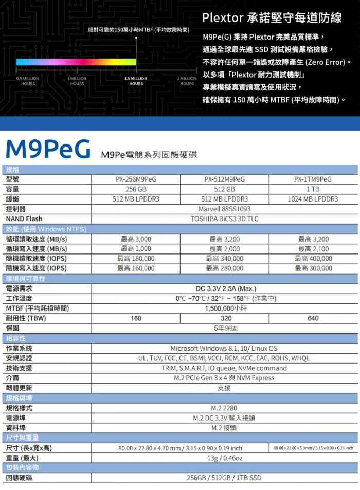PLEXTOR M9PeG 512G M.2 PCIe 2280 散熱片