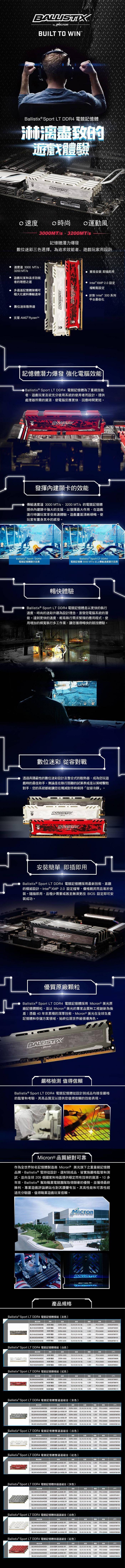  美光 Micron Ballistix Sport LT 競技版16G DDR4 3200 白色散熱片