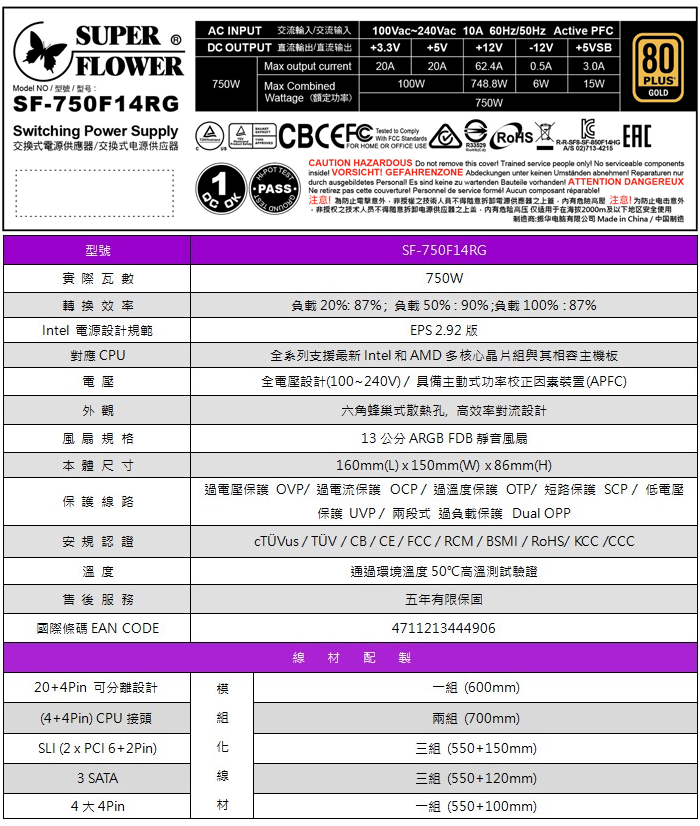 振華 LEADEX III ARGB 750W 金牌