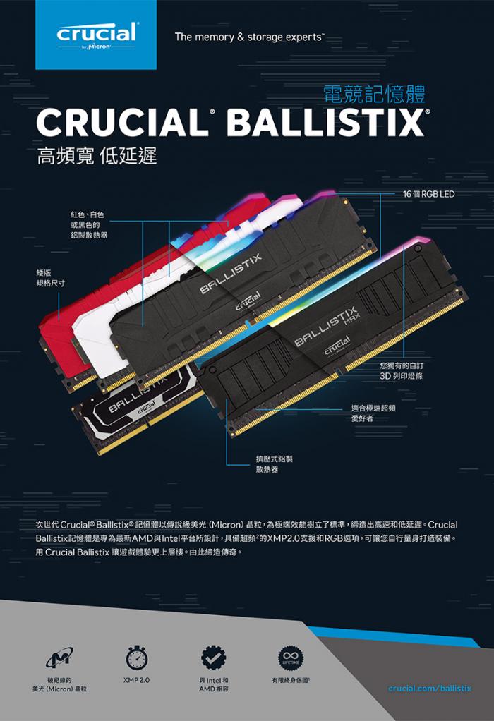 美光 Crucial Ballistix 32GB(16G*2)D4-3200 白色 雙通 E-Die