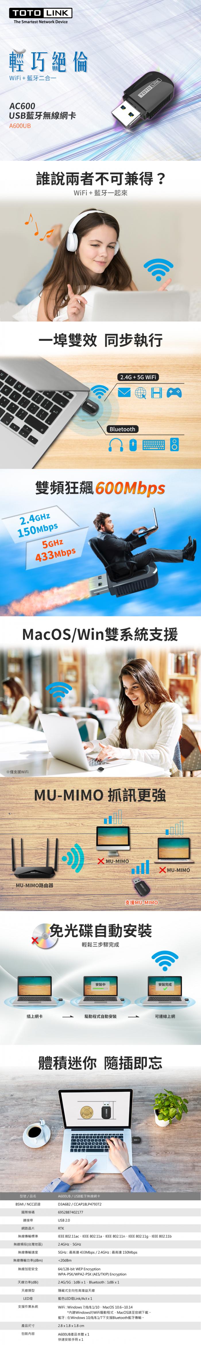 TOTOLINK AC650 USB藍芽無線網卡 (A600UB)