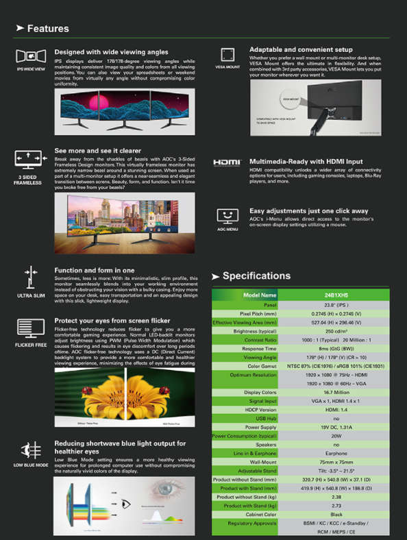 AOC 24B1XH5 IPS 廣視角螢幕 24吋 指送免運