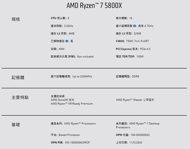 AMD R7 5800X【8核/16緒】無風扇 無內顯