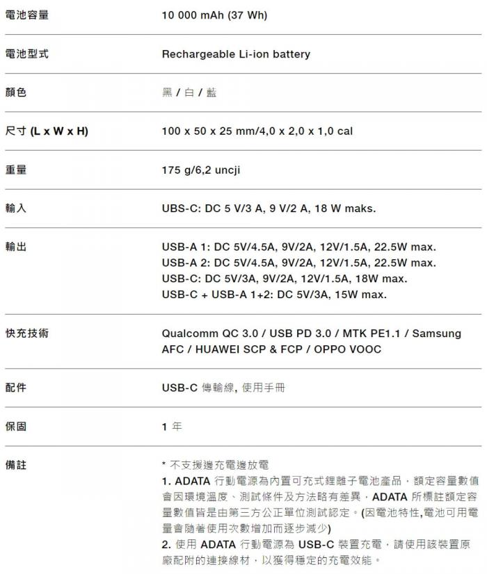 威剛 P10000QCD 黑 行動電源
