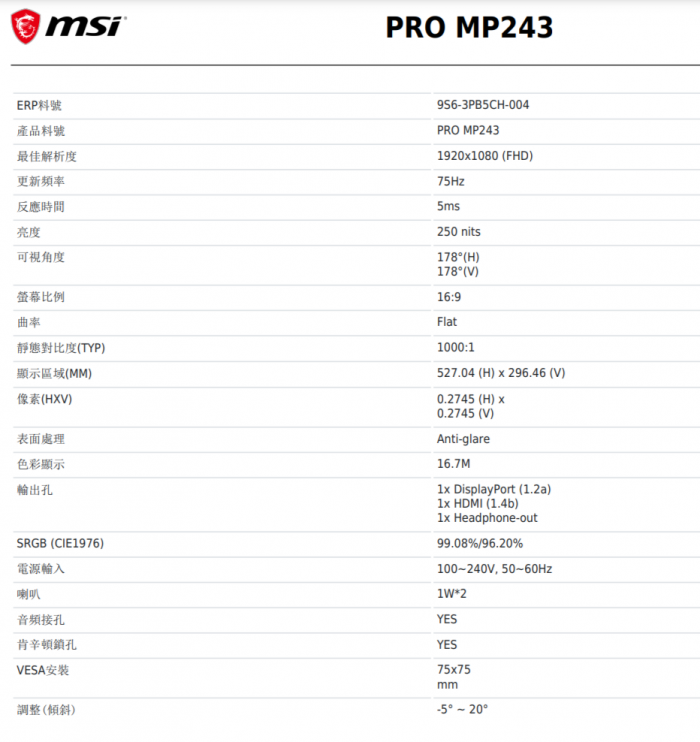 msi PRO MP243 24吋 螢幕 IPS(限定指送 門市無現貨)