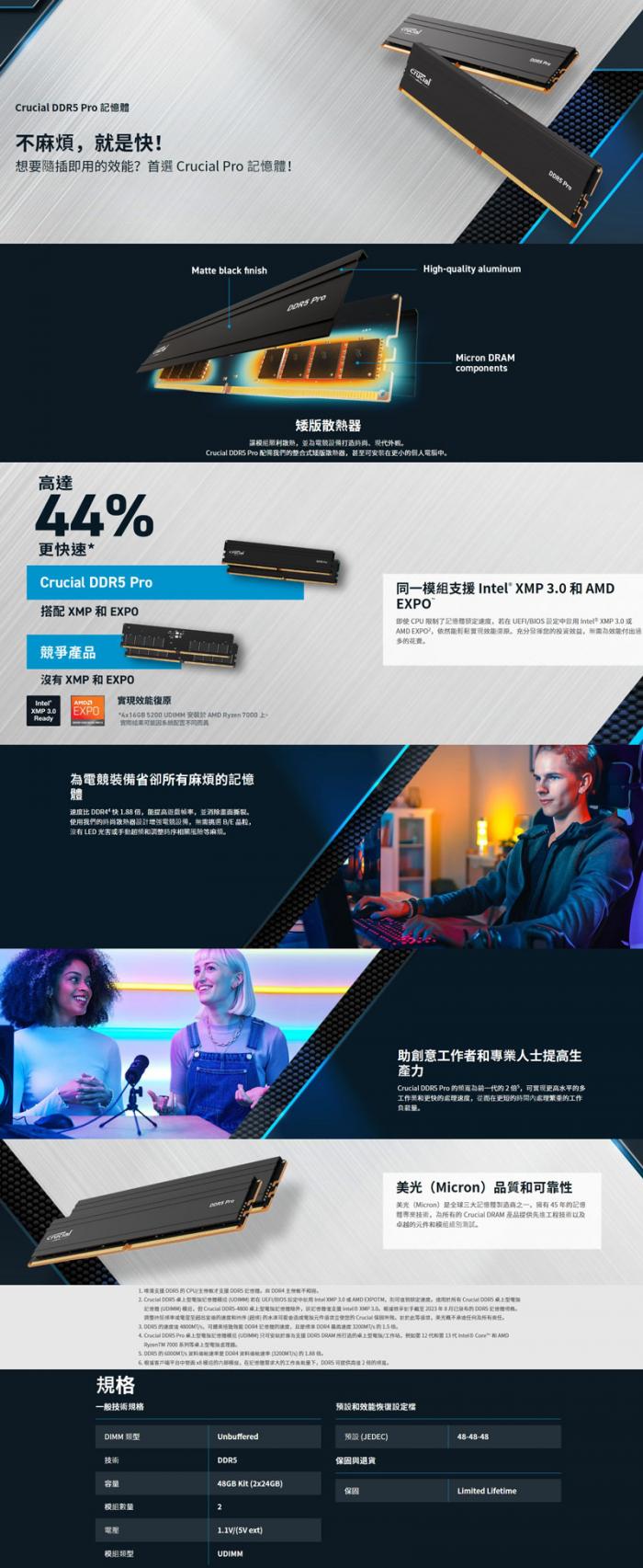 美光 Micron Crucial PRO 48G (24GX2) DDR5 6000 黑散熱片