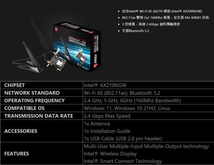 MSI微星 HERALD-AX INTEL AX210NGW WI-FI 6E 網卡 PCIE介面