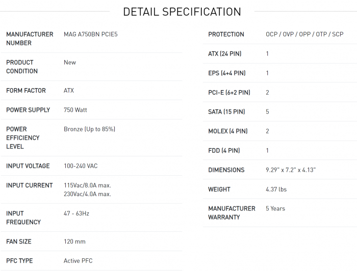 msi MAG A750BN  PCIE5 750W 80+銅牌