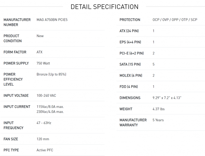 msi MPG A750BN  PCIE5 750W 80+銅牌