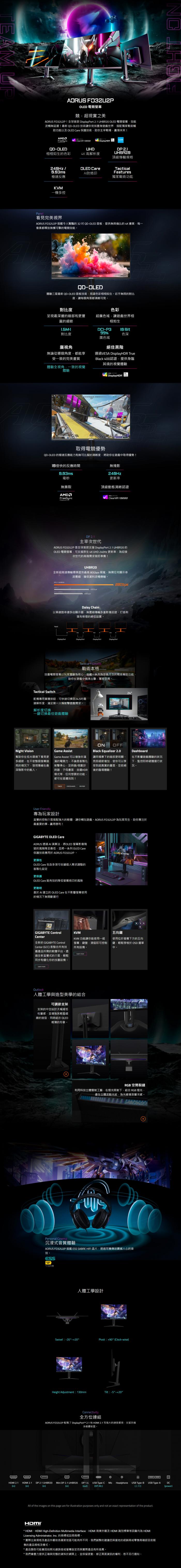 【預購 3/31~4/27 特價活動 32900】技嘉 FO32U2P 32型/UHD/QD-OLED/真4K