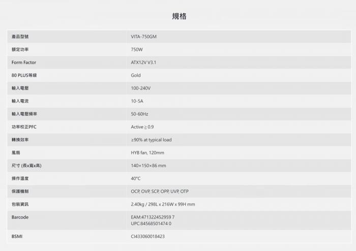 全漢 VITA GM 750W(MIT) 雙8/金牌