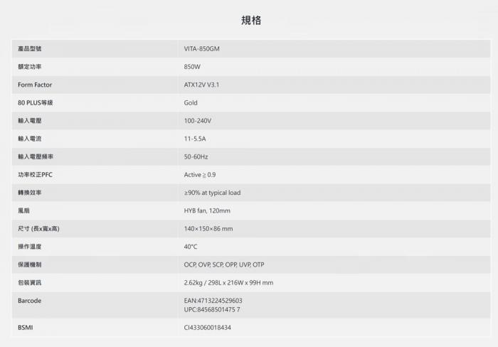 全漢 VITA-850GM_850W金牌全模組(MIT)