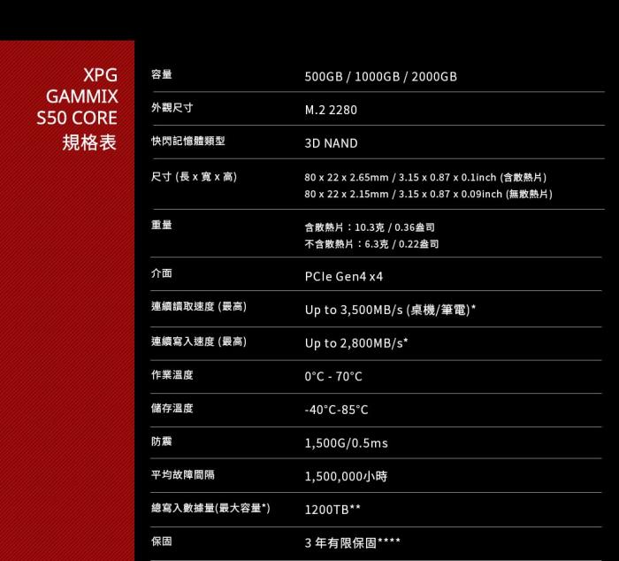 威剛 XPG S50 Core 1TB Gen4