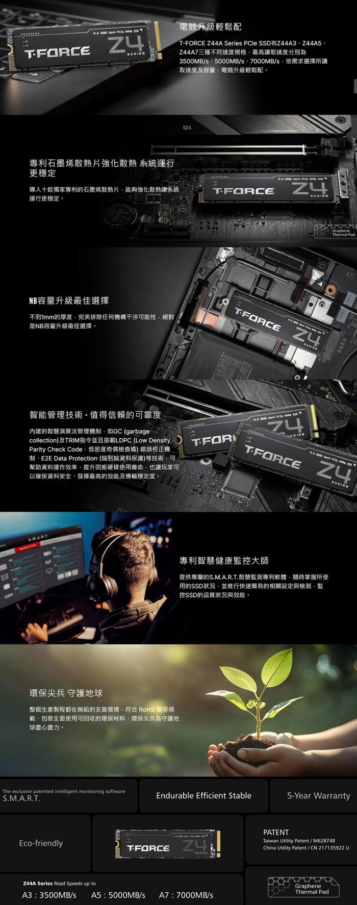 十銓 T-FORCE Z44A7 2TB PCIe 4.0 Gen4 石墨烯散熱片