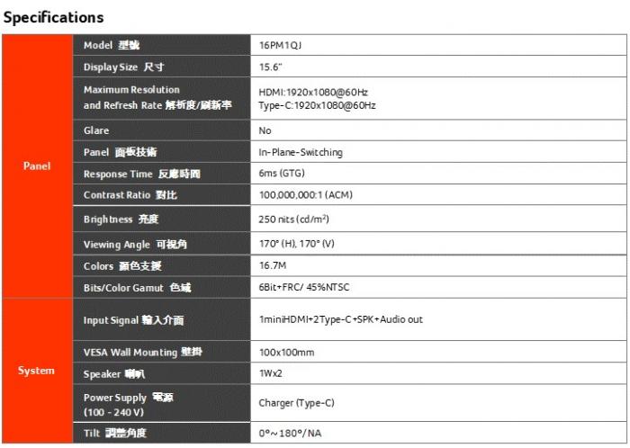 Aopen 16型 16PM1Q J 可攜式螢幕【自帶支架】