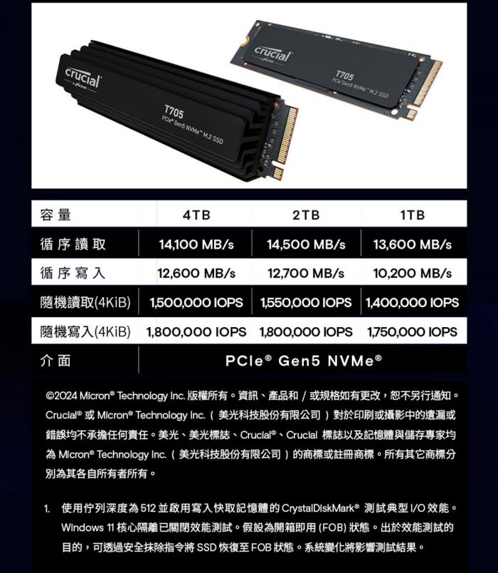 美光 Micron Crucial T705 2TB Gen5 PCIe 5.0