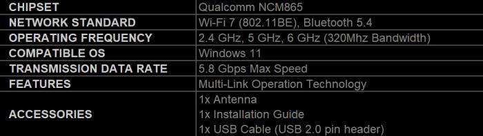 微星 HERALD-BE NCM865 WI-FI 7 無線網卡