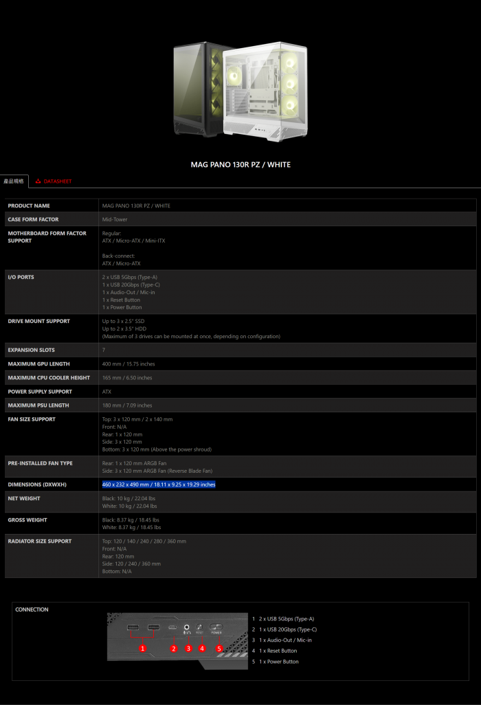 msi MAG PANO 130R PZ白 機箱