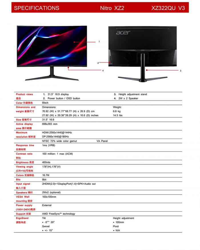 ACER XZ322QU V3 曲面電競螢幕