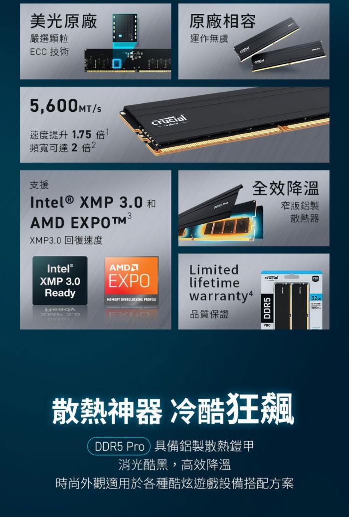 美光 Micron Crucial PRO 超頻 96GB(雙通48GB*2) DDR5 5600/CL46