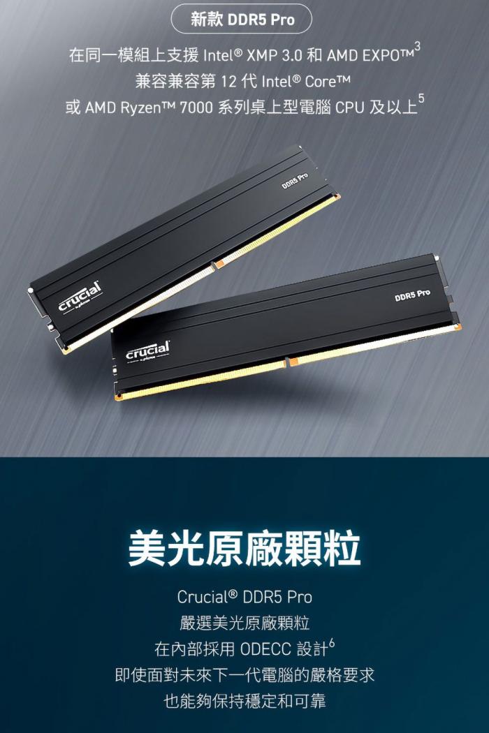 美光 Micron Crucial PRO 超頻 96GB(雙通48GB*2) DDR5 5600/CL46