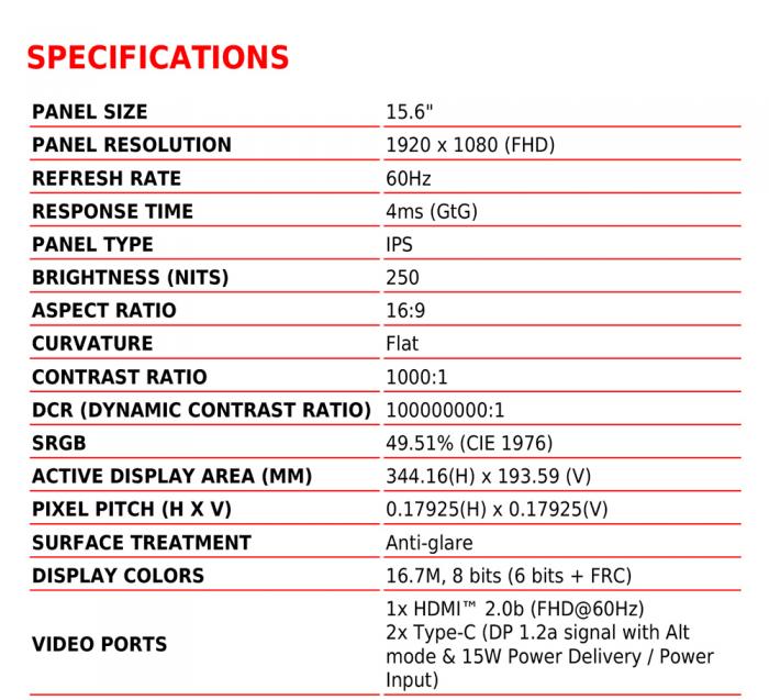 msi PRO MP165 E6 可攜式螢幕