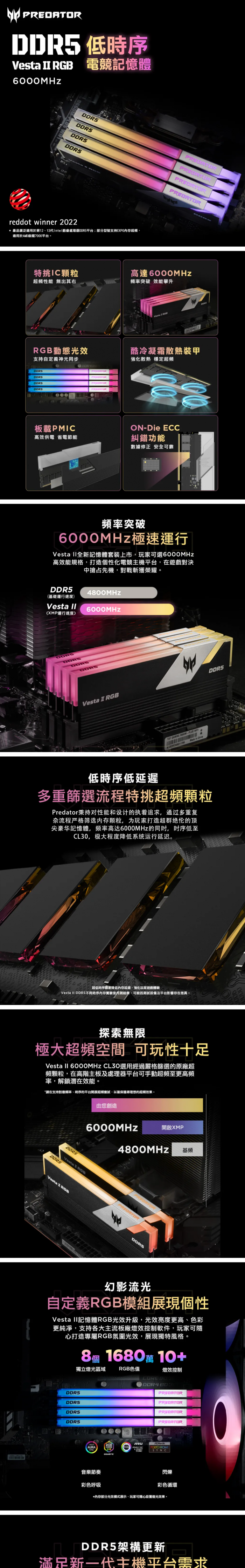宏碁 Acer Predator Vesta II RGB 32GB(雙通16GB*2)DDR5 6000白/CL36