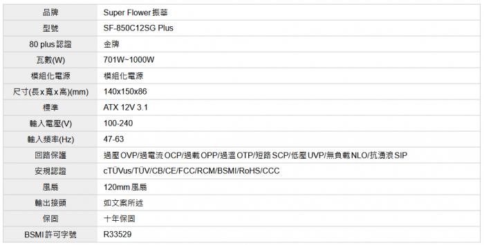振華 COMBAT 850W 黑 SG PLUS 半模